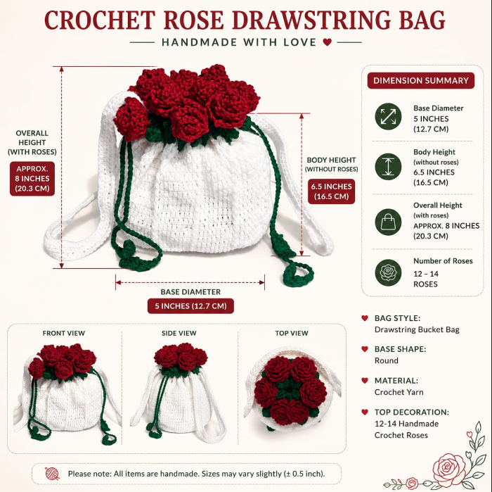 Handmade Crochet Potli Bag with Flower Bouquet Handmade Crochet Potli Bag with Flower Bouquet Design – Unique Handbag
