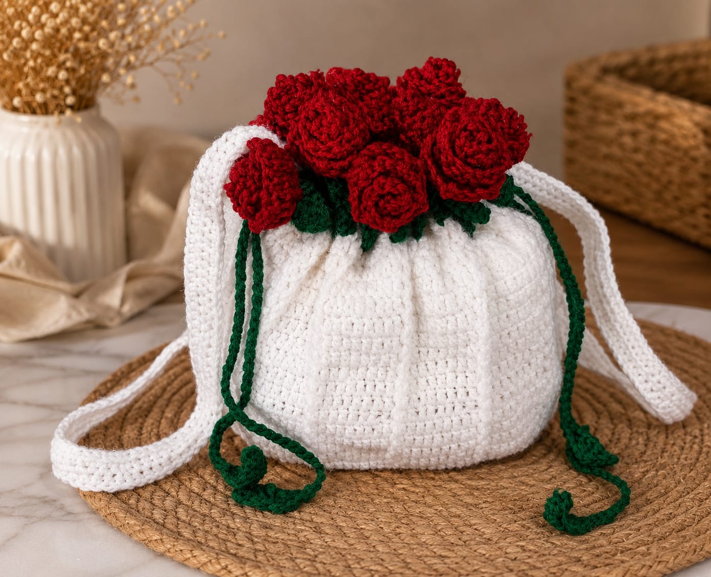 Handmade Crochet Potli Bag with Flower Bouquet Handmade Crochet Potli Bag with Flower Bouquet Design – Unique Handbag