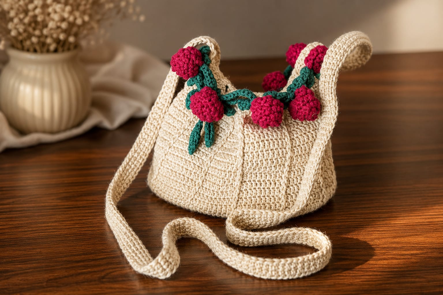 Handmade Crochet Potli Bag with Flower Bouquet Design – Unique Handbag